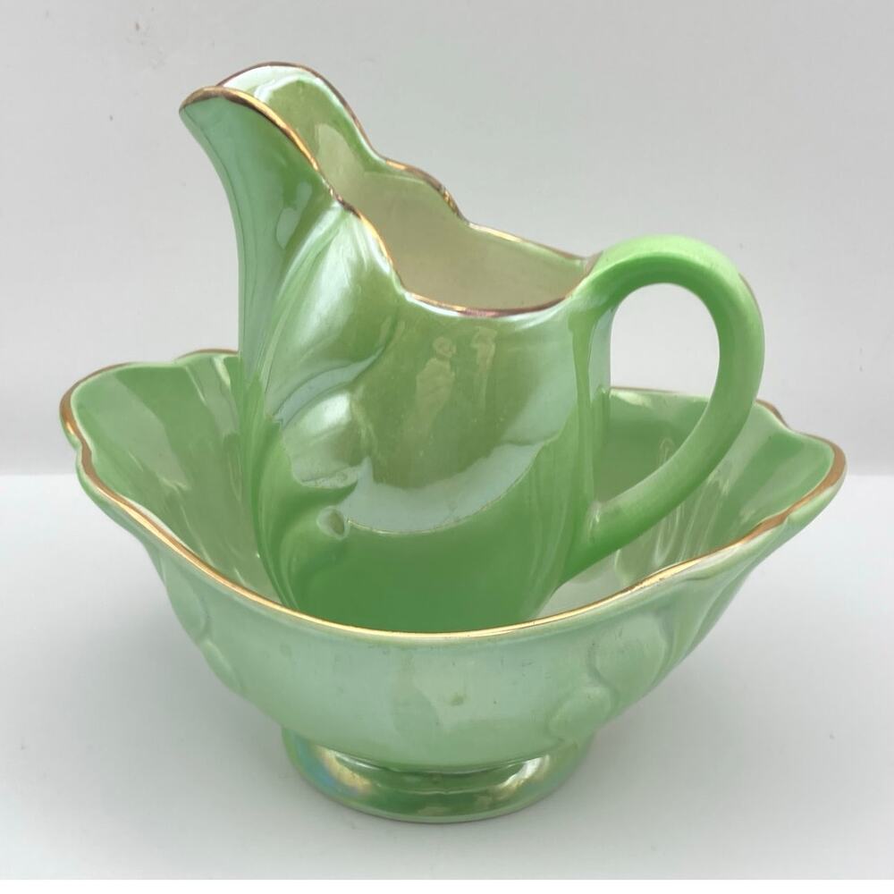 Vintage Maling Pottery Cream Jug & Sugar Bowl Set Green Lusterware Pearlescent